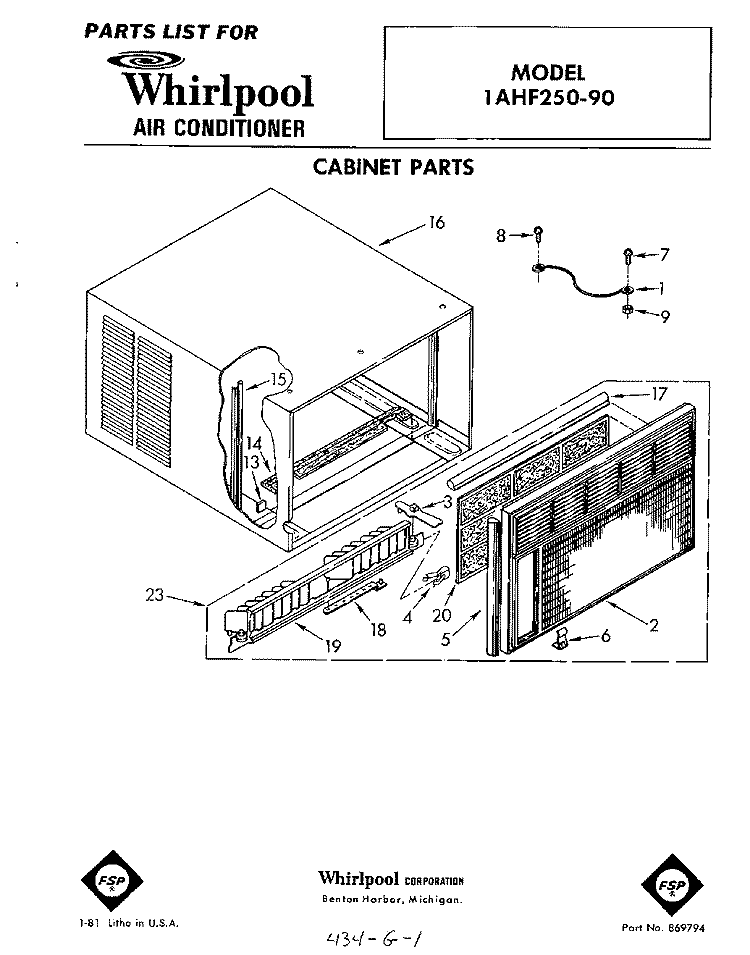 SECTION Diagram and Parts List for 1AHF25090  Whirlpool Air Conditioner