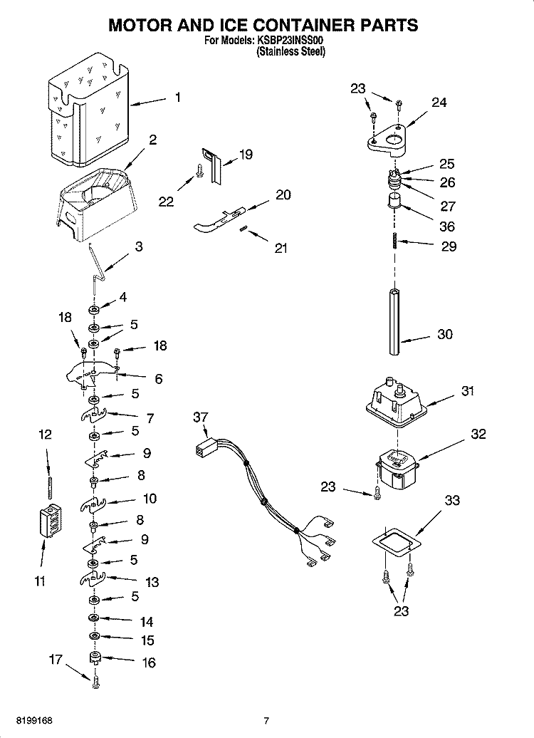 MOTOR AND ICE CONTAINER PARTS Diagram and Parts List for KSBP23INSS00  KitchenAid Refrigerator