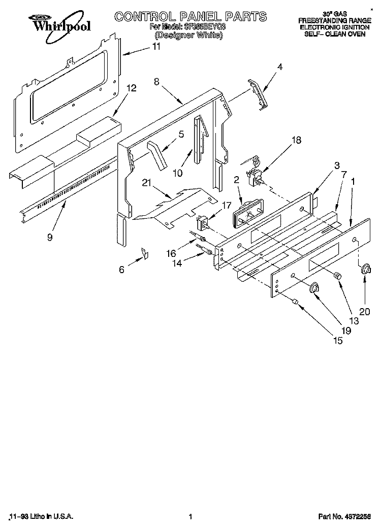 CONTROL PANEL Diagram and Parts List for SF365BEYQ3  Whirlpool Range