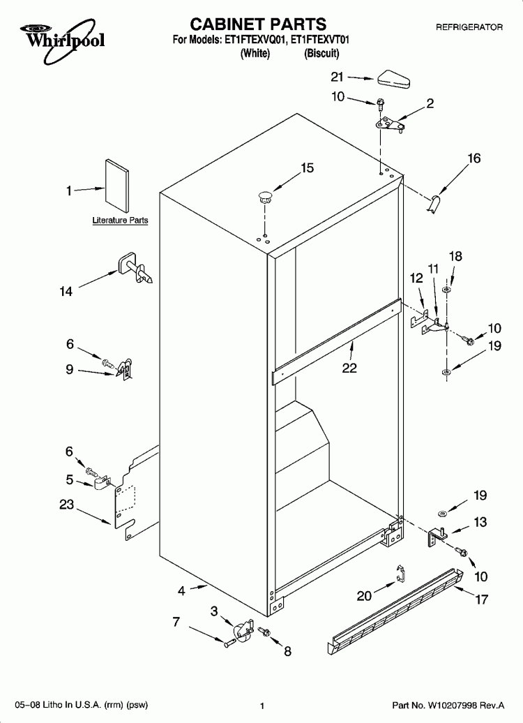 CABINET PARTS Diagram and Parts List for ET1FTEXVQ01  Whirlpool Refrigerator