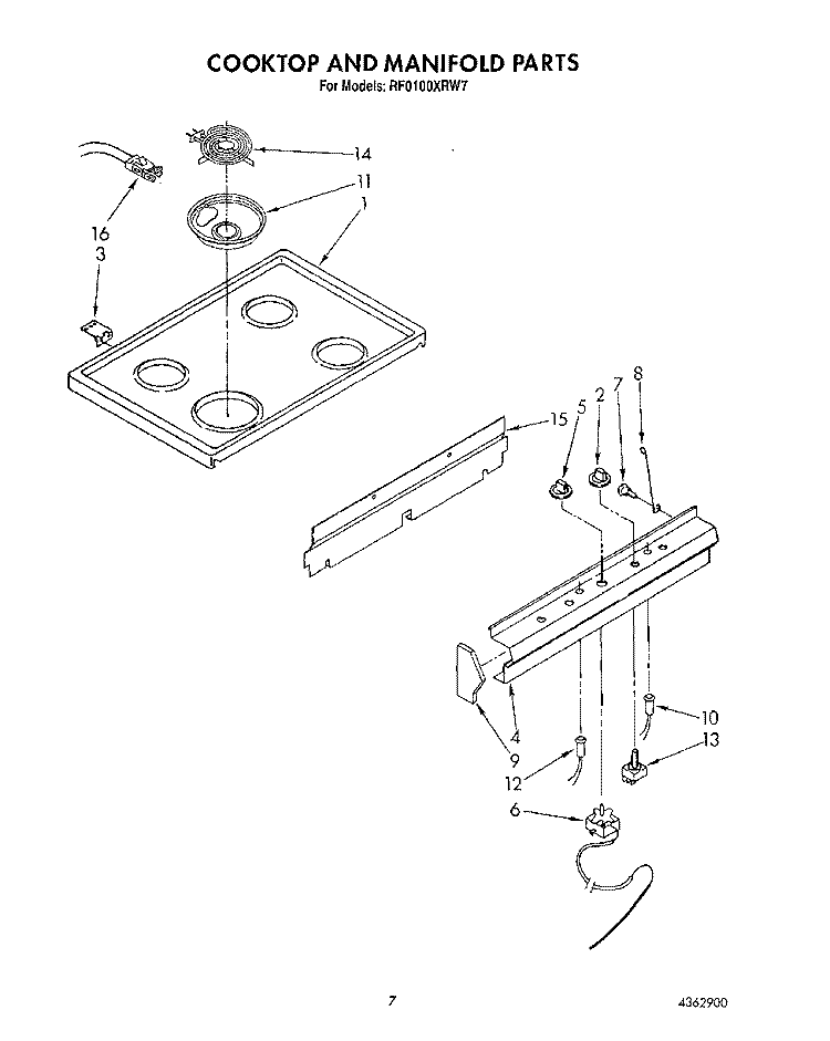 COOKTOP AND MANIFOLD Diagram and Parts List for RF0100XRW7  Whirlpool Range