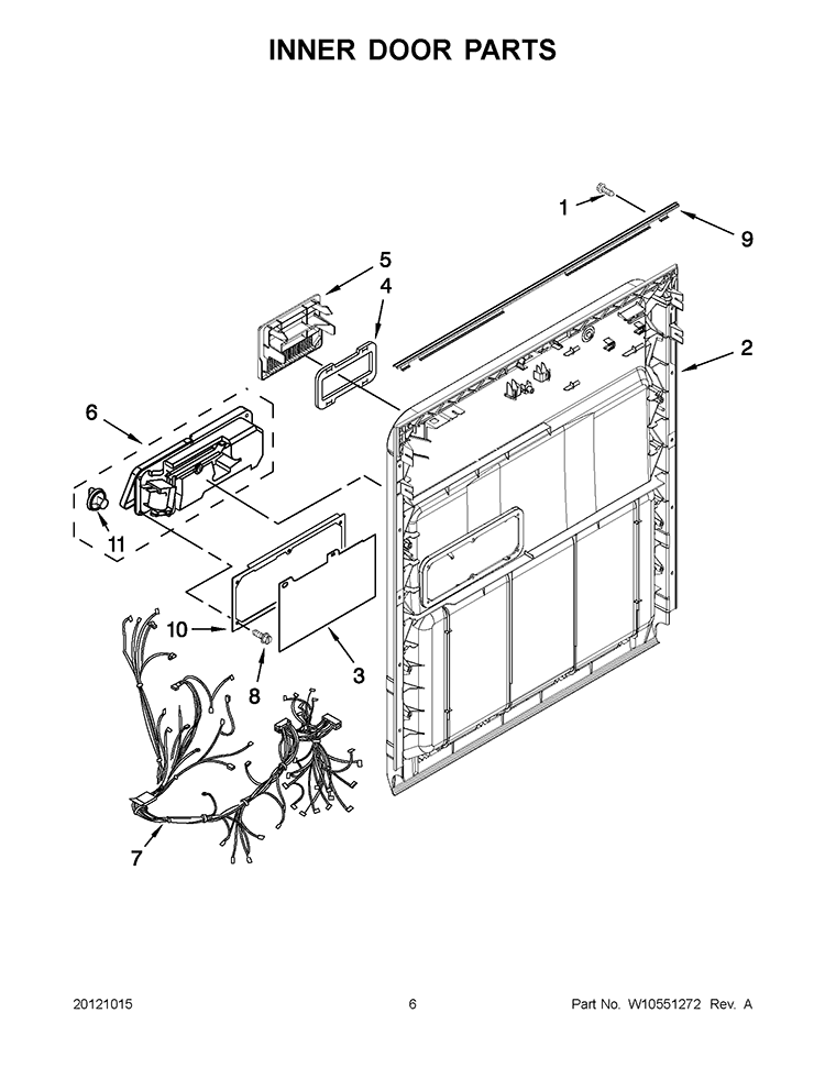 INNER DOOR PARTS Diagram and Parts List for WDP350PAAW0  Whirlpool Dishwasher