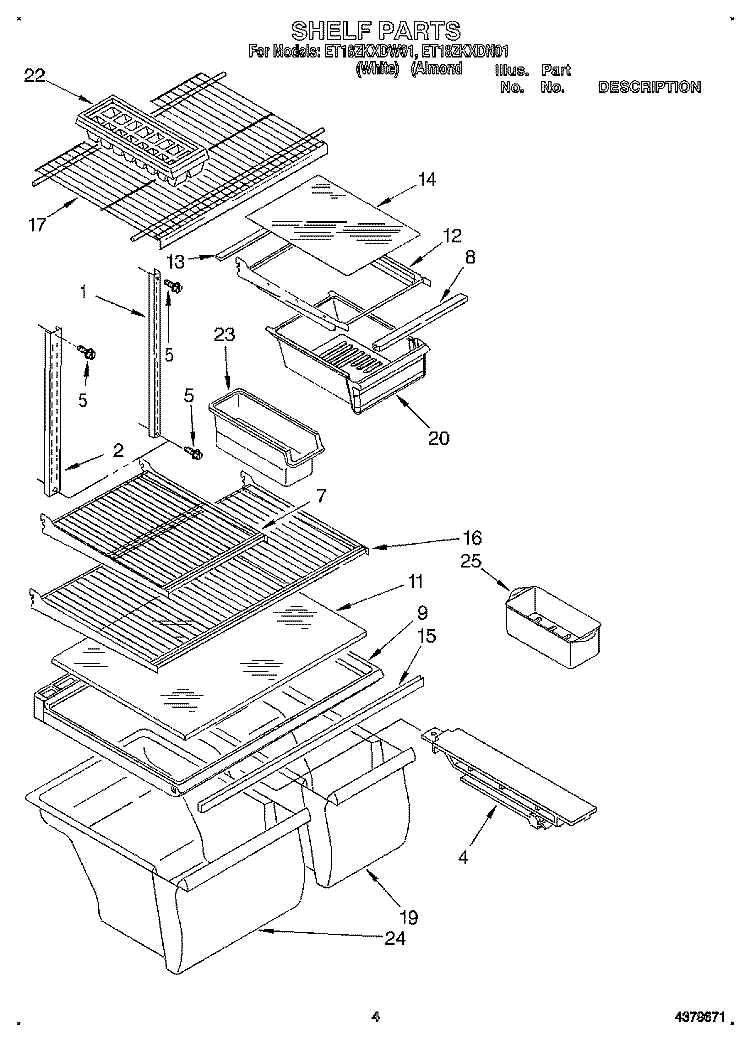 SHELF Diagram and Parts List for ET18ZKXDW01  Whirlpool Refrigerator