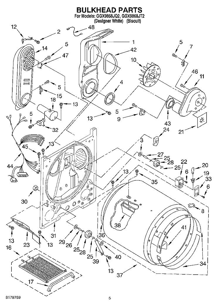 BULKHEAD Diagram and Parts List for GGX9868JQ2  Whirlpool Dryer