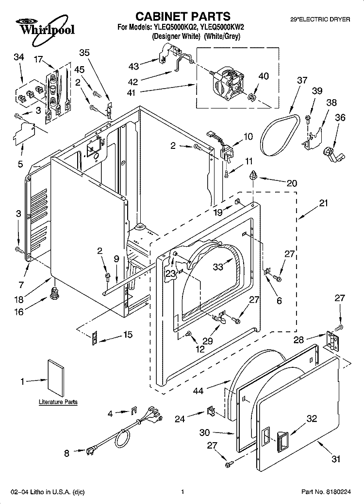 CABINET PARTS Diagram and Parts List for YLEQ5000KW2  Whirlpool Dryer