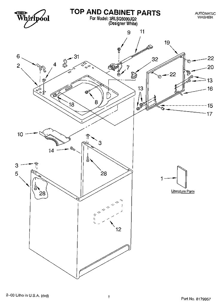 TOP AND CABINET PARTS Diagram and Parts List for 3RLSQ8000JQ2  Whirlpool Washer