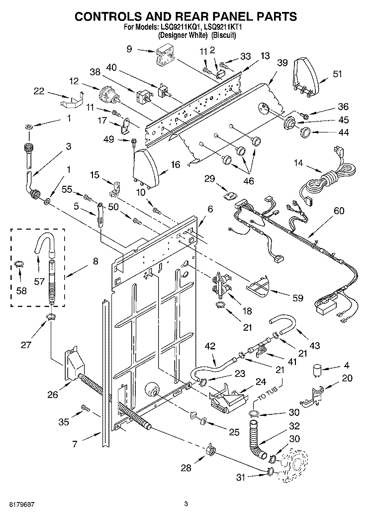 CONTROLS AND REAR PANEL Diagram and Parts List for LSQ9211KT1  Whirlpool Washer