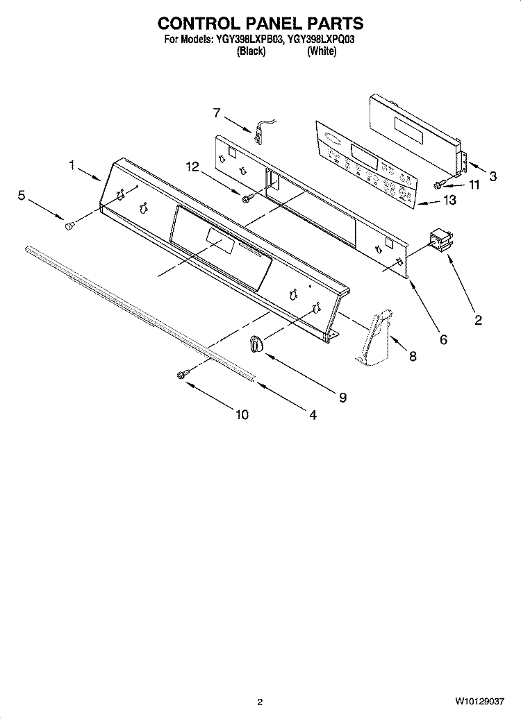 CONTROL PANEL PARTS Diagram and Parts List for YGY398LXPB03  Whirlpool Range
