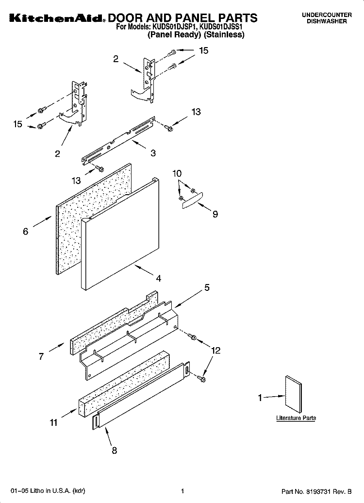 DOOR AND PANEL PARTS Diagram and Parts List for KUDS01DJSP1  KitchenAid Dishwasher