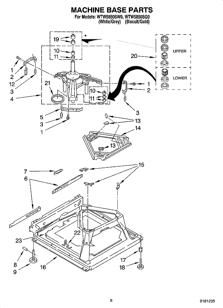 MACHINE BASE PARTS Diagram and Parts List for WTW5850SW0  Whirlpool Washer