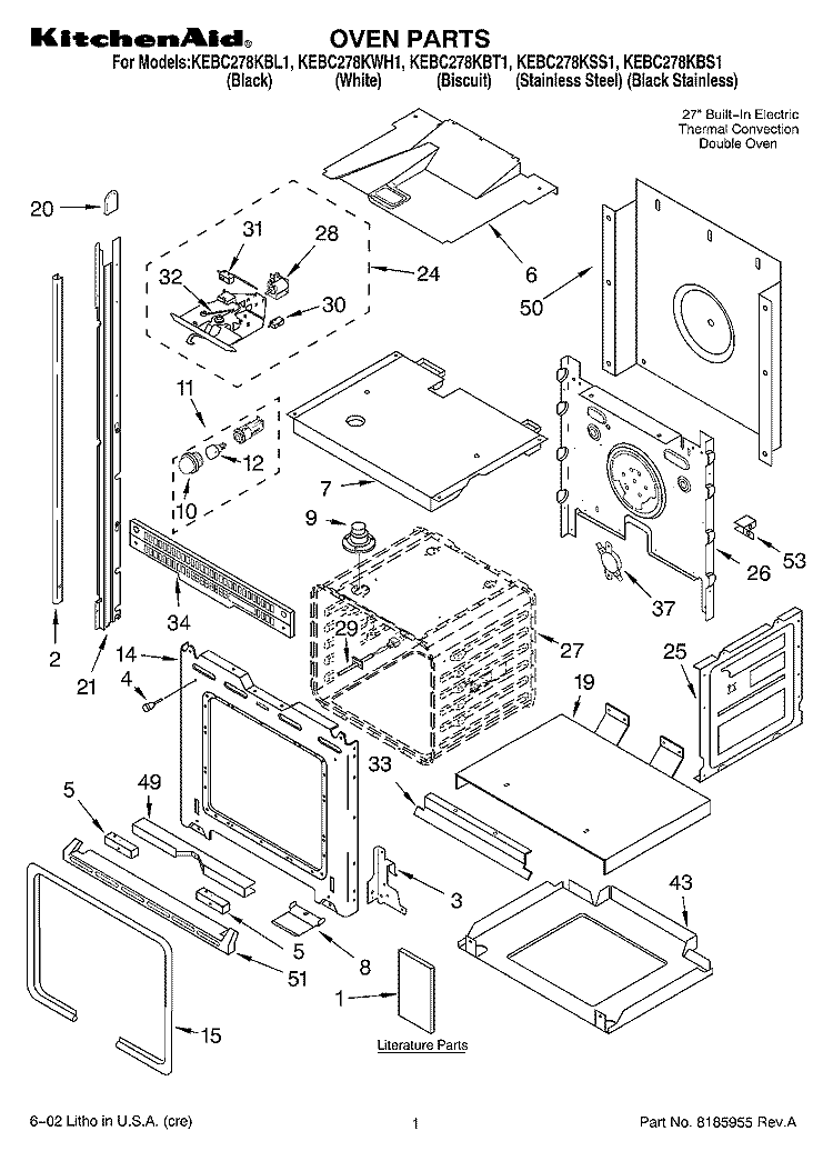 OVEN, LITERATURE Diagram and Parts List for KEBC278KBT1  KitchenAid Wall Oven