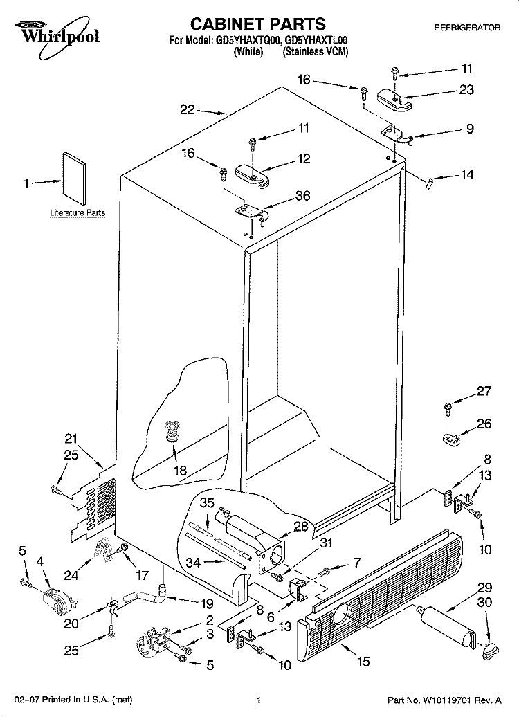 CABINET PARTS Diagram and Parts List for GD5YHAXTL00  Whirlpool Refrigerator