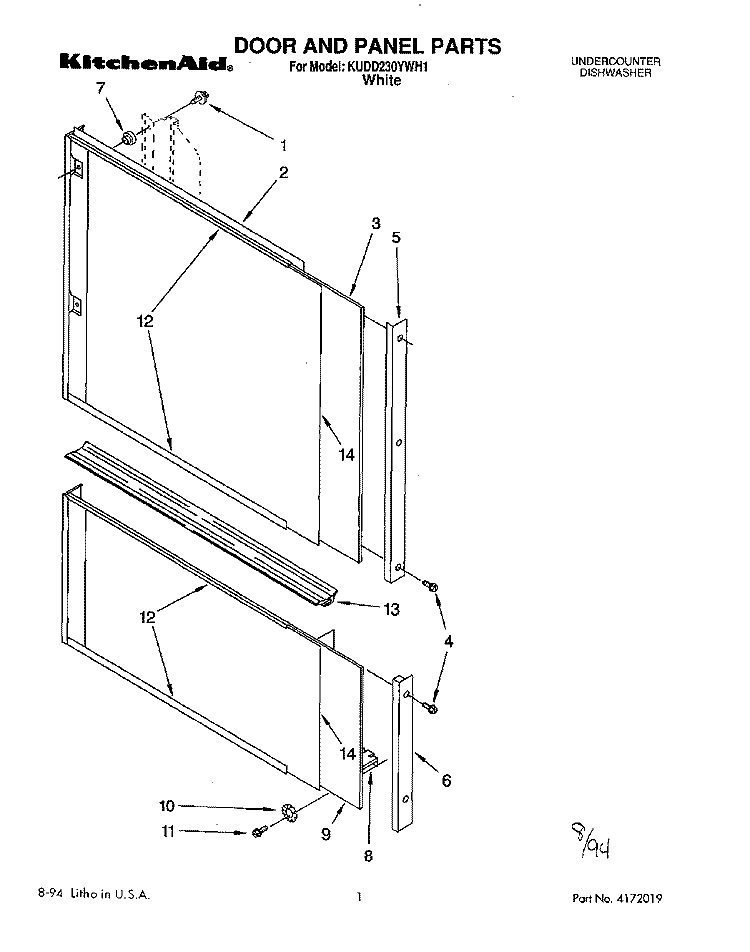 DOOR AND PANEL Diagram and Parts List for KUDD230YWH1  KitchenAid Dishwasher