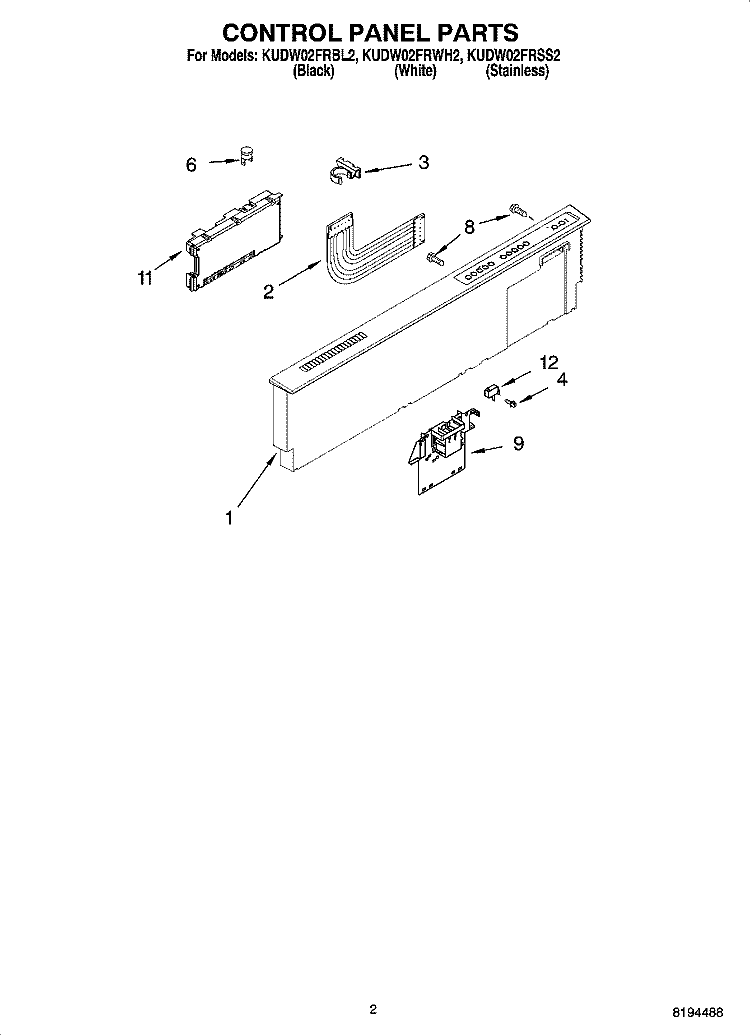 CONTROL PANEL PARTS Diagram and Parts List for KUDW02FRSS2  KitchenAid Dishwasher