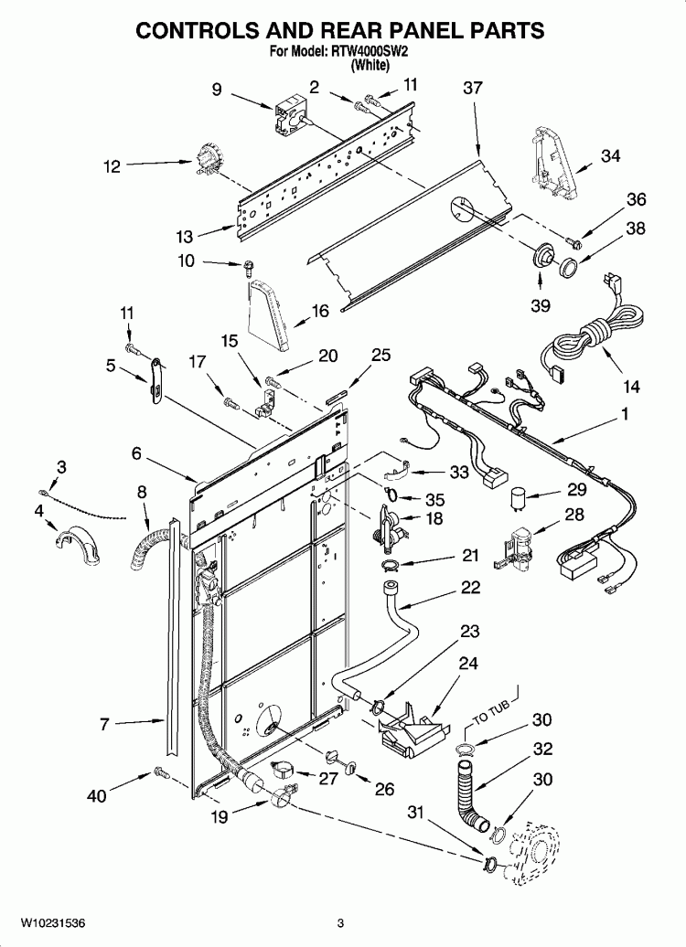 CONTROL AND REAR PANEL PARTS Diagram and Parts List for RTW4000SW2  Roper Washer