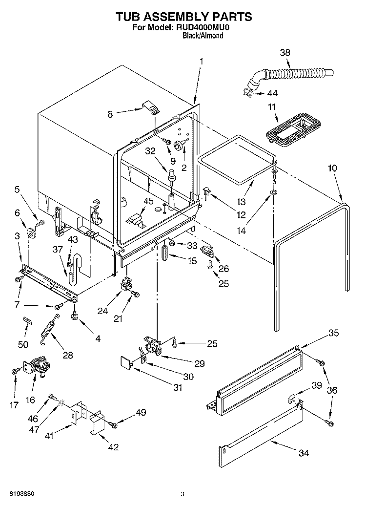 TUB ASSEMBLY PARTS Diagram and Parts List for RUD4000MU0  Roper Dishwasher