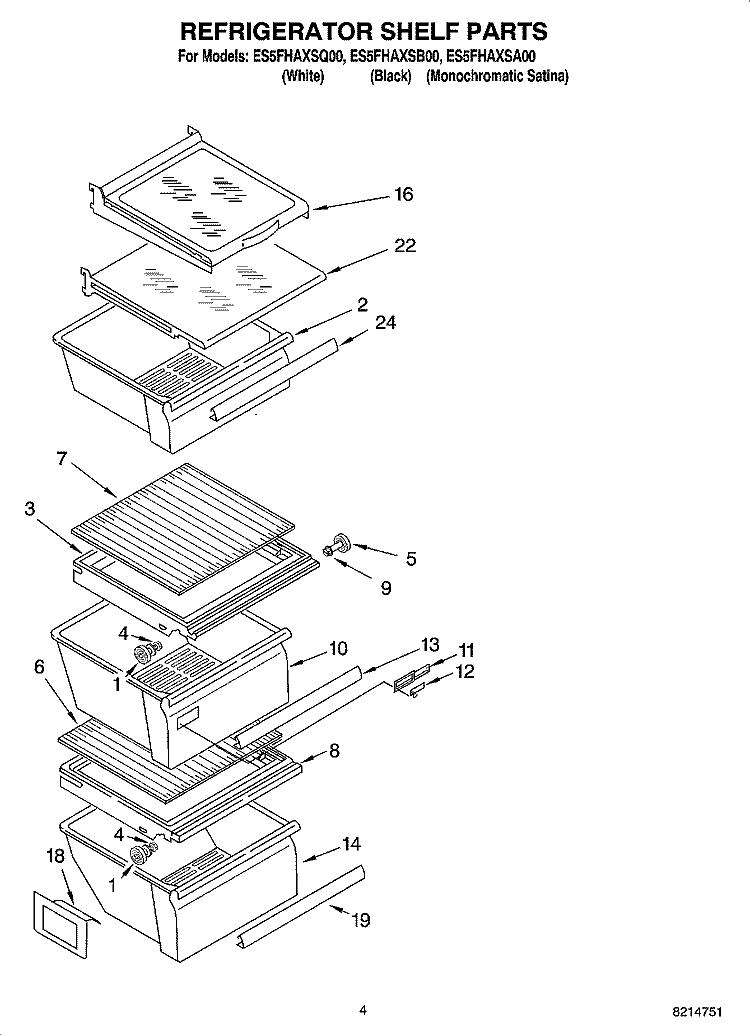 REFRIGERATOR SHELF PARTS Diagram and Parts List for ES5FHAXSQ00  Whirlpool Refrigerator