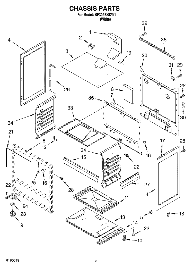 CHASSIS PARTS Diagram and Parts List for SF302BSKW1  Whirlpool Range