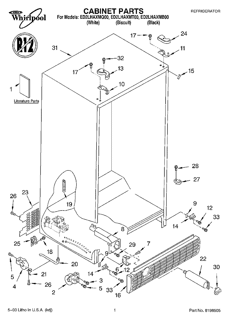 CABINET PARTS Diagram and Parts List for ED2LHAXMT00  Whirlpool Refrigerator