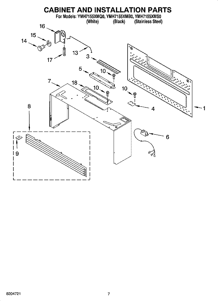 CABINET AND INSTALLATION PARTS Diagram and Parts List for YMH7155XMQ0  Whirlpool Microwave