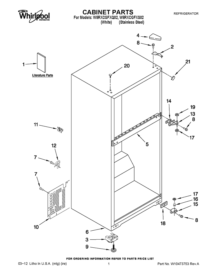 CABINET PARTS Diagram and Parts List for W8RXCGFXS02  Whirlpool Refrigerator