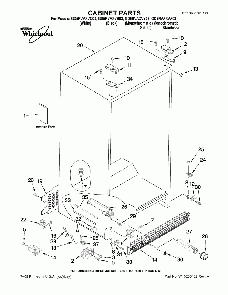CABINET PARTS Diagram and Parts List for GD5RVAXVB03  Whirlpool Refrigerator