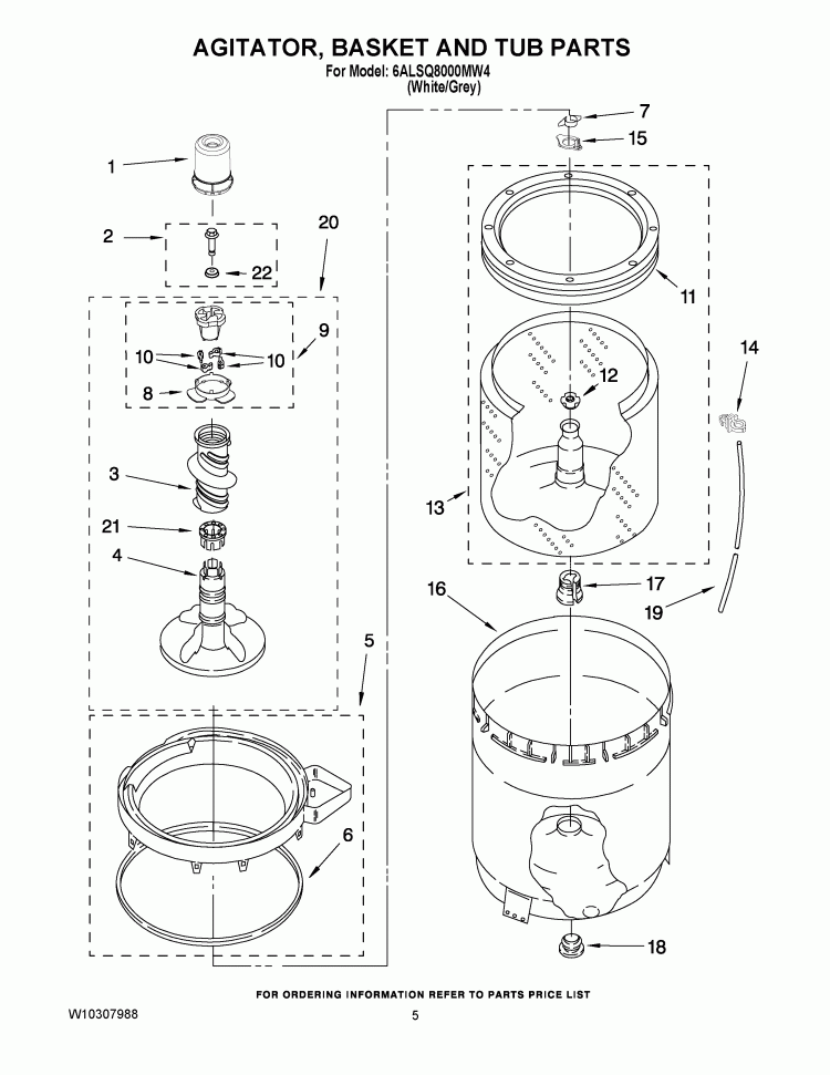 AGITATOR, BASKET AND TUB PARTS Diagram and Parts List for 6ALSQ8000MW4  Whirlpool Washer