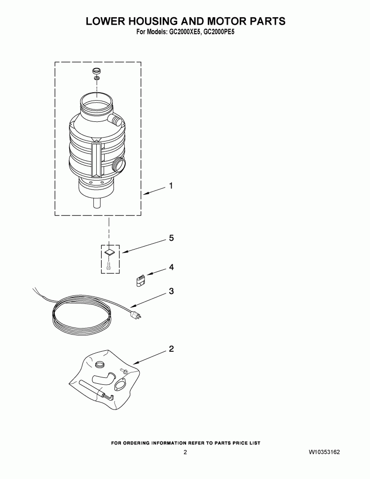 LOWER HOUSING AND MOTOR PARTS Diagram and Parts List for GC2000PE5  Whirlpool Food Waste Disposer
