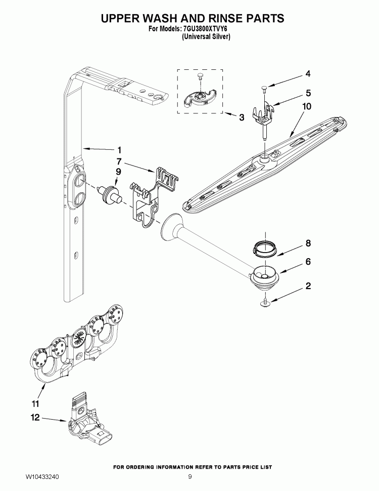 UPPER WASH AND RINSE PARTS Diagram and Parts List for 7GU3800XTVY5  Whirlpool Dishwasher