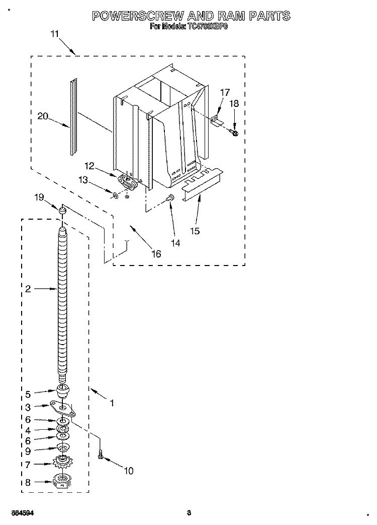 POWERSCREW AND RAM Diagram and Parts List for TC4700XBP0  Whirlpool Trash Compactor