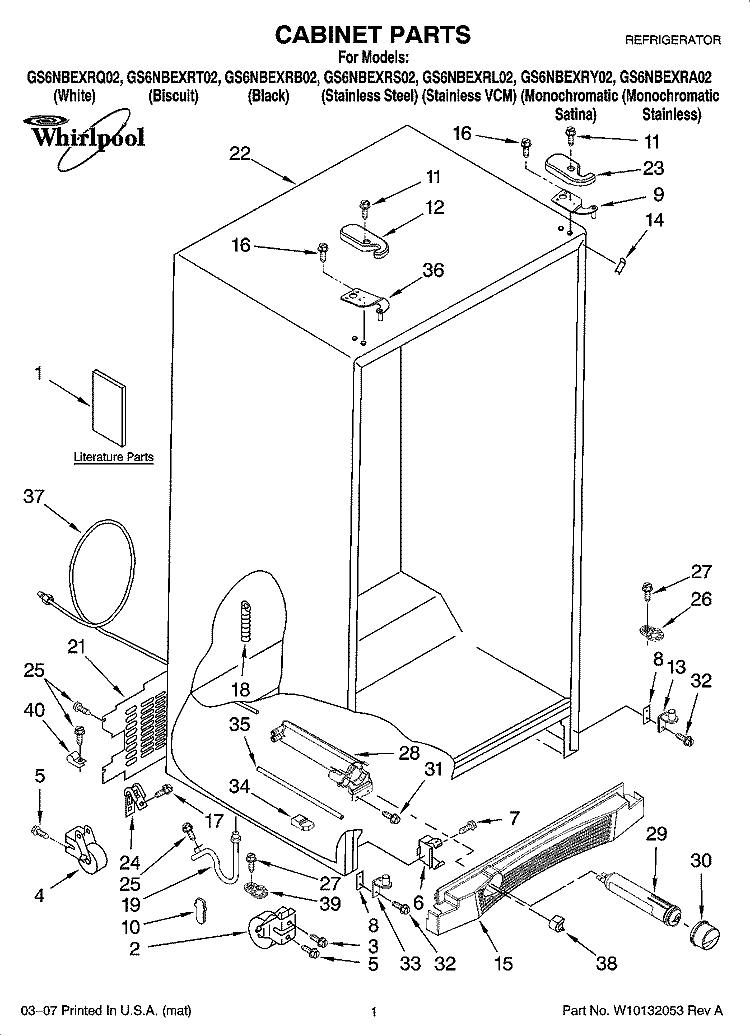 CABINET PARTS Diagram and Parts List for GS6NBEXRA02  Whirlpool Refrigerator