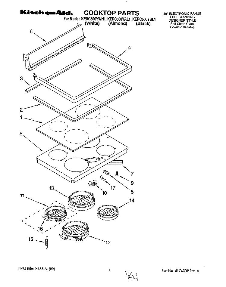 COOKTOP, LITERATURE Diagram and Parts List for KERC500YBL1  KitchenAid Range