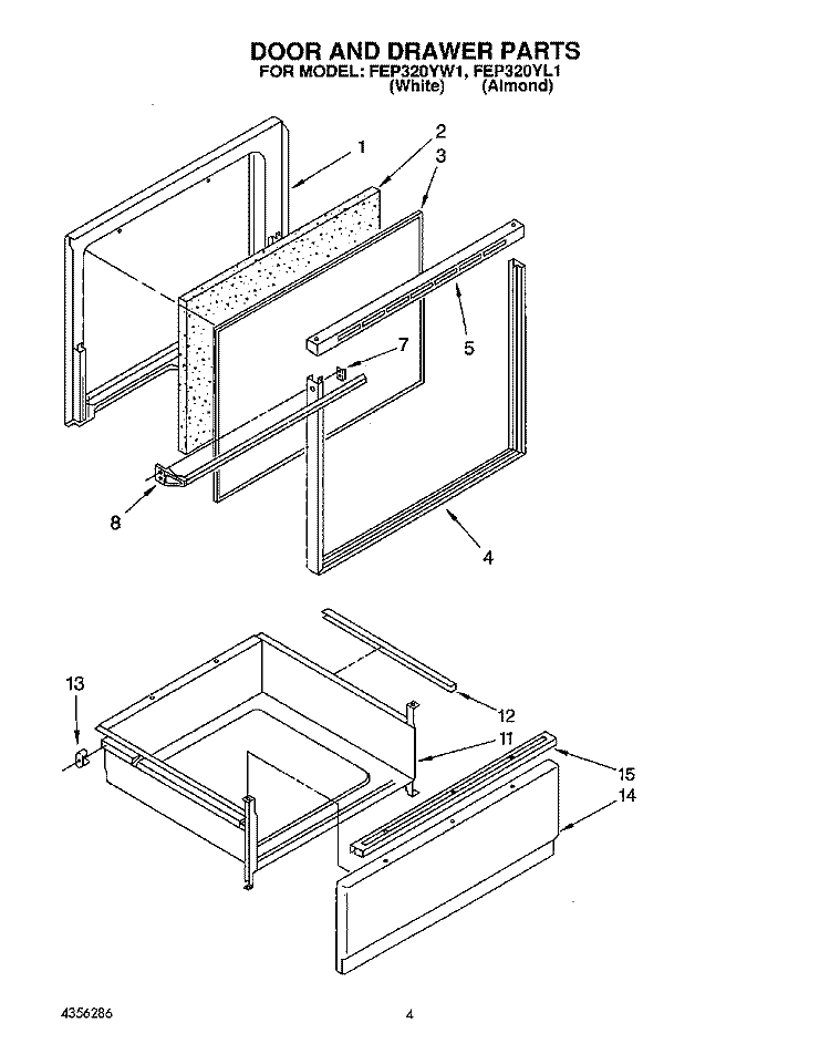 DOOR AND DRAWER Diagram and Parts List for FEP320YW1  Roper Range