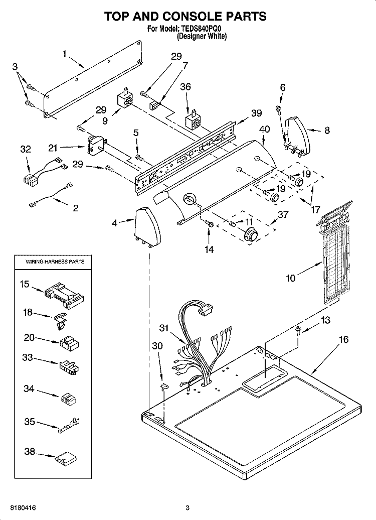 TOP AND CONSOLE PARTS OPTIONAL PARTS (NOT INCLUDED) Diagram and Parts List for TEDS840PQ0  Estate Dryer