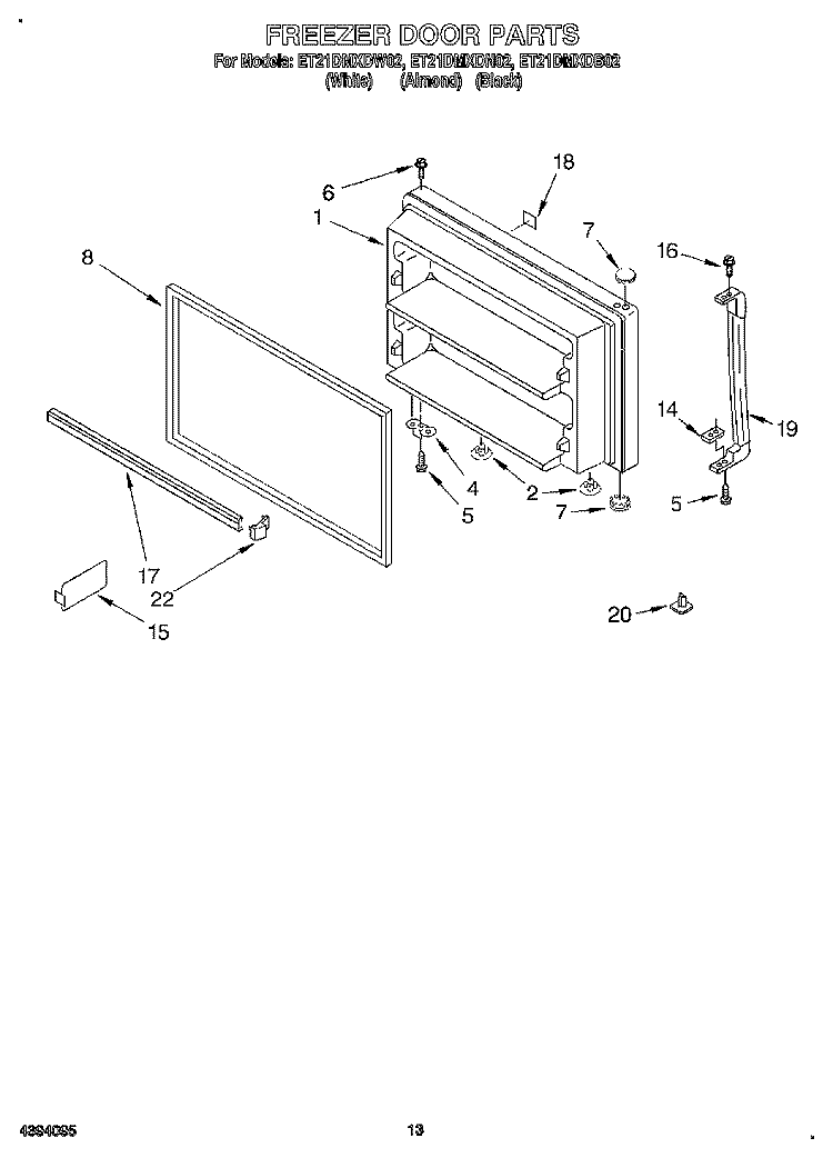 FREEZER DOOR, LIT/OPTIONAL Diagram and Parts List for ET21DMXDW02  Whirlpool Refrigerator