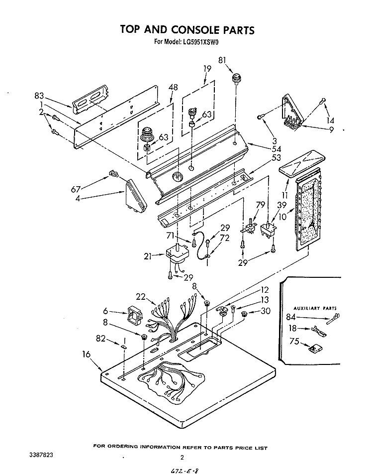 TOP AND CONSOLE , LITERATURE AND OPTIONAL Diagram and Parts List for LG5951XSW0  Whirlpool Dryer