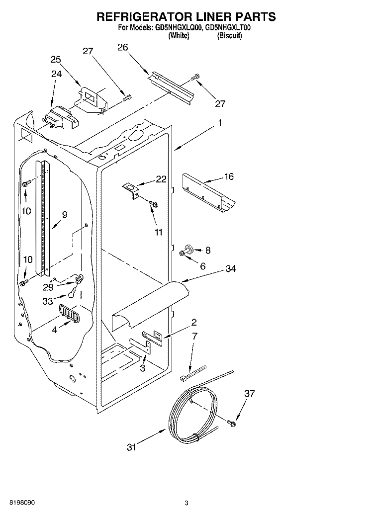 REFRIGERATOR LINER Diagram and Parts List for GD5NHGXLQ00  Whirlpool Refrigerator