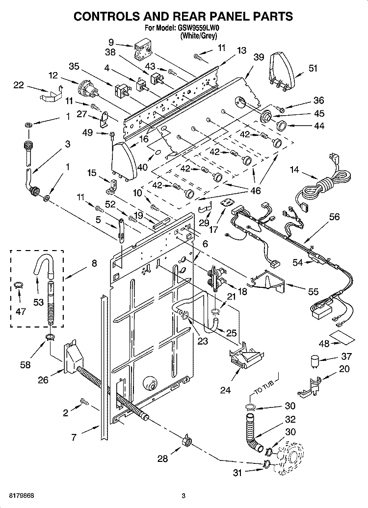 CONTROLS AND REAR PANEL PARTS Diagram and Parts List for GSW9559LW0  Whirlpool Washer