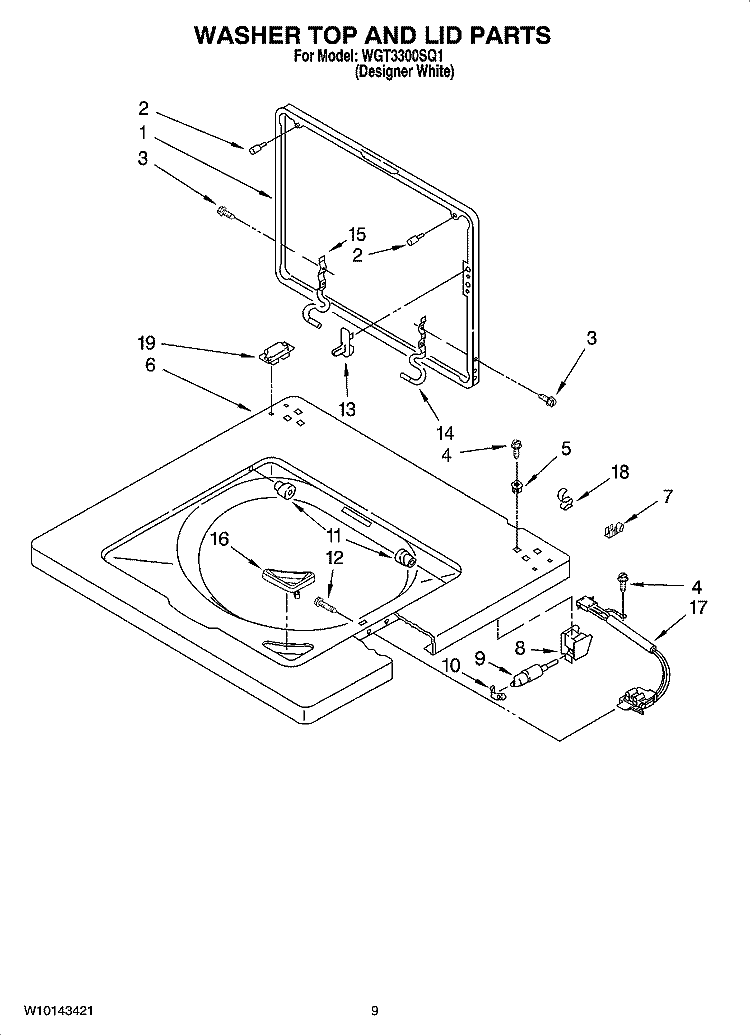 WASHER TOP AND LID PARTS Diagram and Parts List for WGT3300SQ1  Whirlpool Washer Dryer Combo