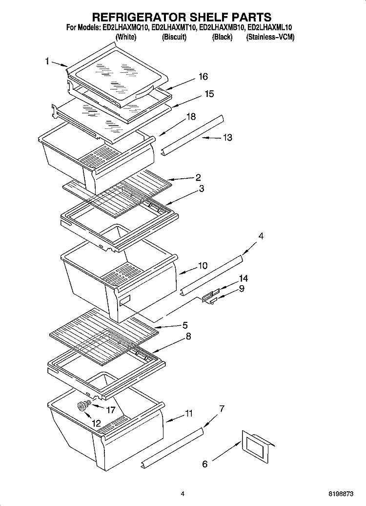 REFRIGERATOR SHELF PARTS Diagram and Parts List for ED2LHAXMB10  Whirlpool Refrigerator