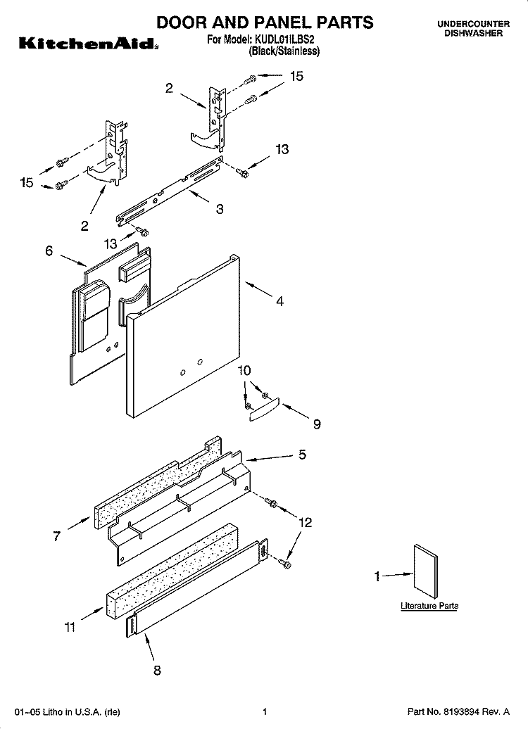 DOOR AND PANEL PARTS Diagram and Parts List for KUDL01ILBS2  KitchenAid Dishwasher