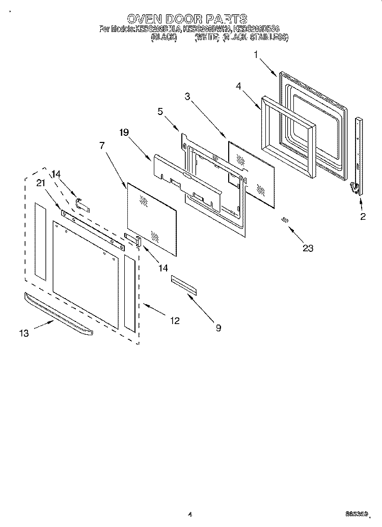 OVEN DOOR Diagram and Parts List for KEBS208DBS6  KitchenAid Wall Oven