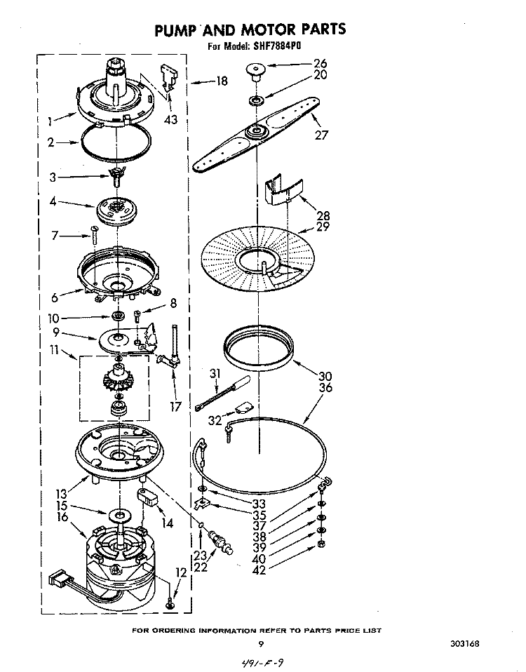 PUMP AND MOTOR Diagram and Parts List for SHF7884P0  Whirlpool Dishwasher