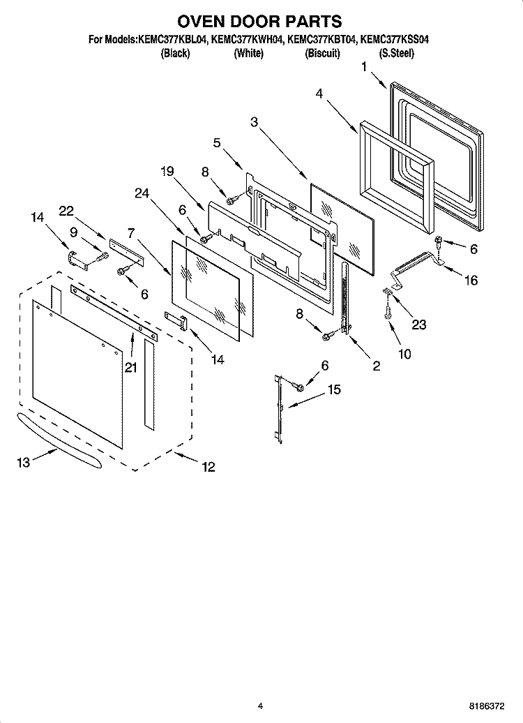 OVEN DOOR PARTS Diagram and Parts List for KEMC377KBL04  KitchenAid Microwave Oven Combo