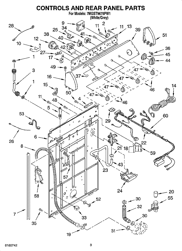 CONTROLS AND REAR PANEL PARTS Diagram and Parts List for 7MGST9679PW1  Whirlpool Washer