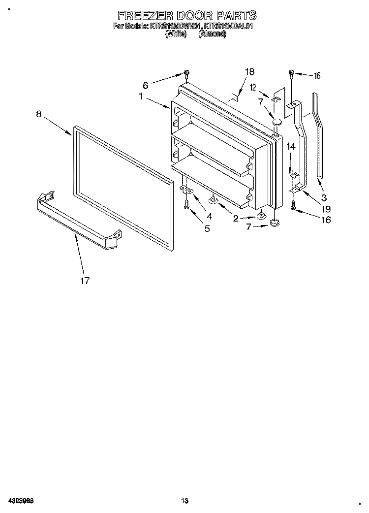FREEZER DOOR, LIT/OPTIONAL Diagram and Parts List for KTRS19MDWH01  Whirlpool Refrigerator