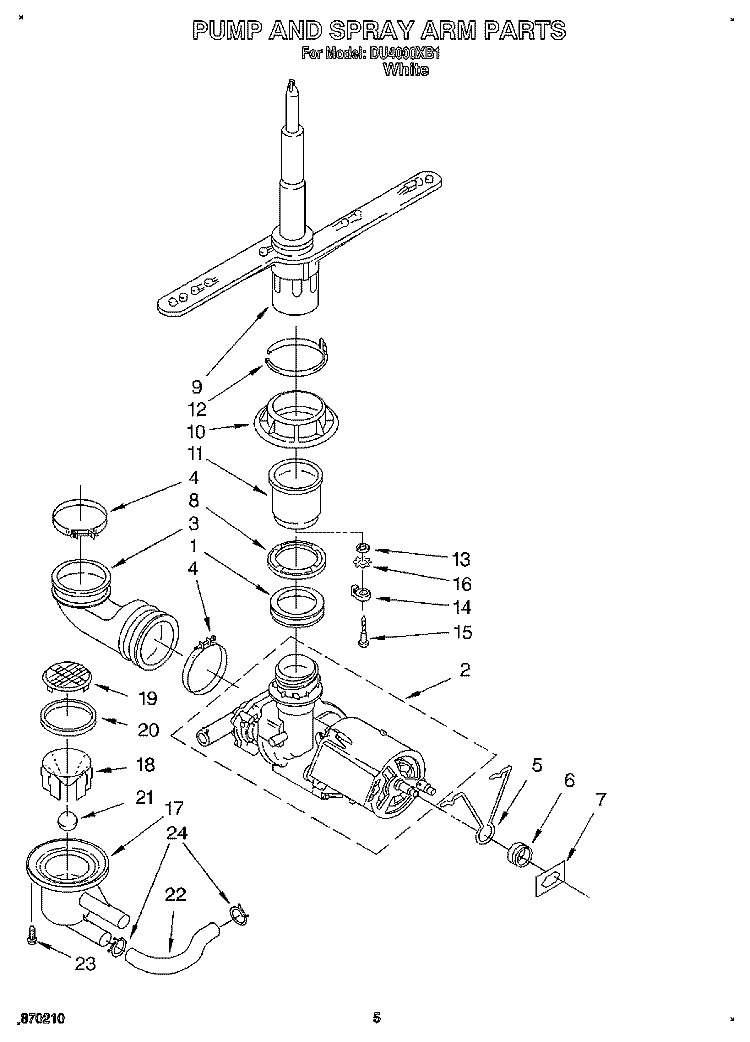 PUMP AND SPRAY ARM Diagram and Parts List for DU4000XB1  Whirlpool Dishwasher