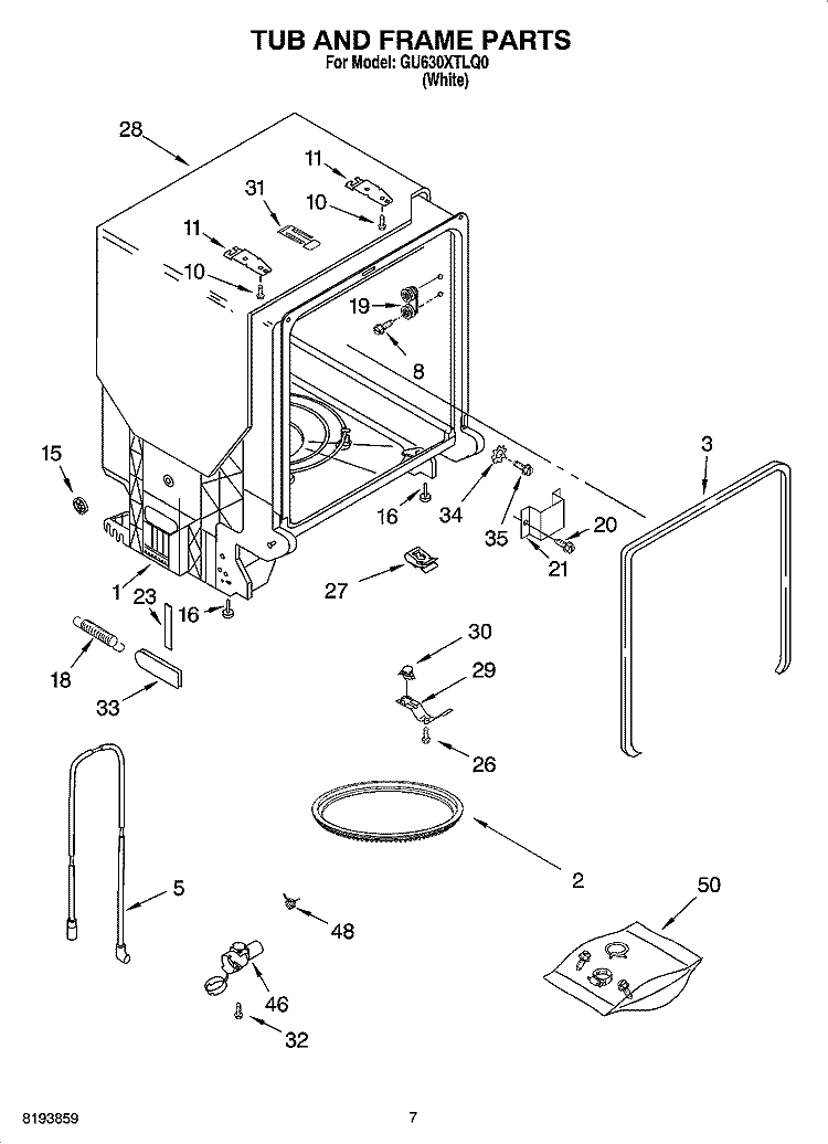 TUB AND FRAME PARTS Diagram and Parts List for GU630XTLQ0  Whirlpool Dishwasher