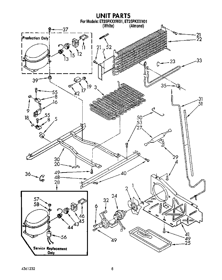 UNIT Diagram and Parts List for ET25PKXXW01  Whirlpool Refrigerator