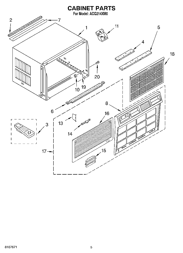 CABINET PARTS Diagram and Parts List for ACQ214XM0  Whirlpool Air Conditioner